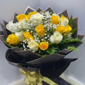 10 Pcs of yellow rose and 10 pcs white roses with black wrapping