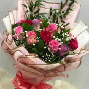 15 Pcs mix color of roses and ruscus leaves with pink wrapping