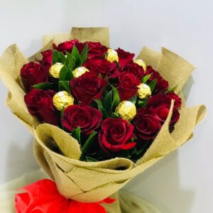 15 Pcs of red roses and 8 pcs of chocolate