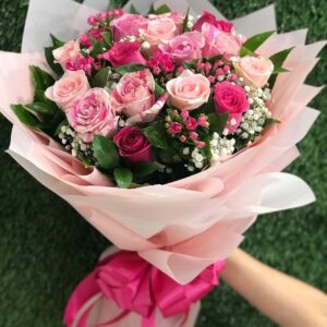 20 Pcs of pink roses and 5 pcs bouvardia with pink wrapping