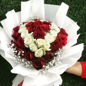 20 pcs of red roses and 20 Pcs of white roses with some gypso and white wrapping