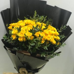 20 Pcs yellow baby roses with small eucalyptus and black wrapping