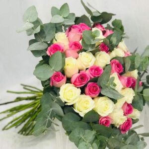 25 Pcs of pink roses and 25 pcs white with eucalyptus