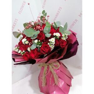 35 Pcs red roses with some white flowers and leaves