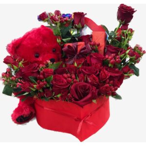 Roses with mix flowers of red and teady bear with box