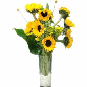 10pcs of sunflowers and some flowers with leaves and glass