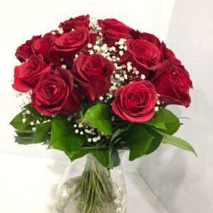 16 pcs of red roses with glass