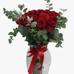 20pcs of red roses and some eucalyptus with glass